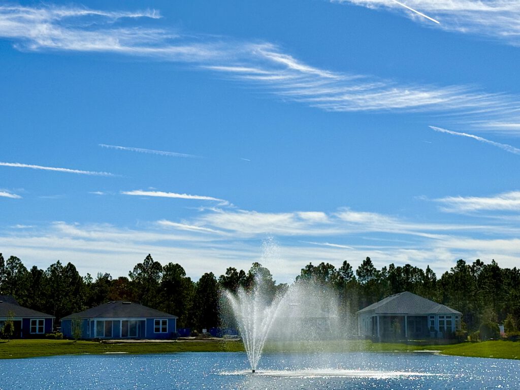 Lake fountain in front of new homes