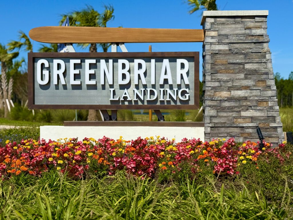 Greenbriar Landing entry monument sign with stone column