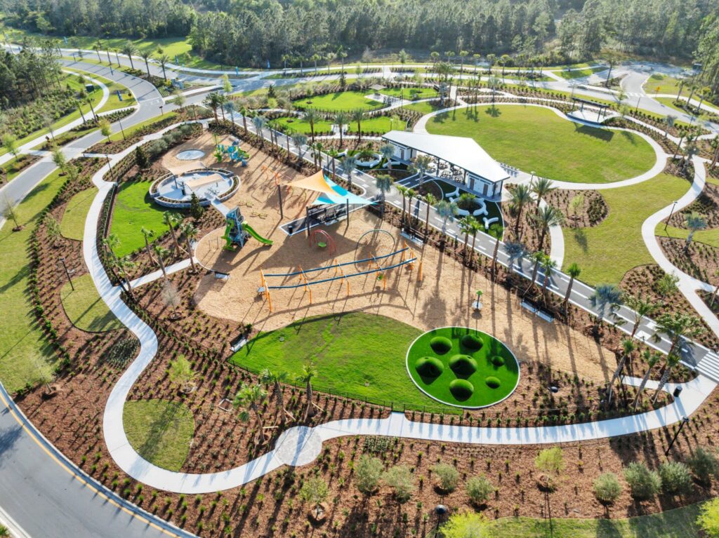 Aerial view of the Skipping Stone playground, splash pad and great lawn