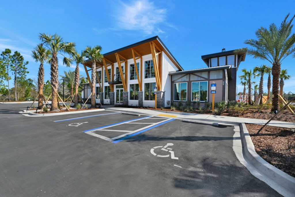 Amenity clubhouse and parking lot at The Landings at St Johns, St. Johns FL