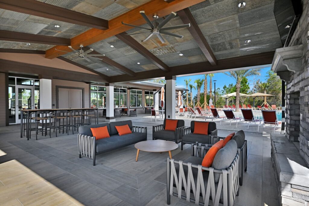 Covered outdoor lounge at The Landings at St Johns amenity center