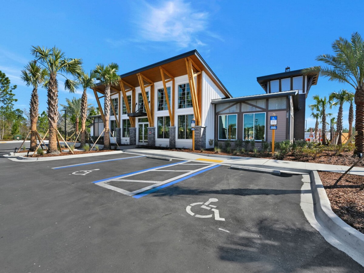 Amenity clubhouse and parking lot at The Landings at St Johns, St. Johns FL