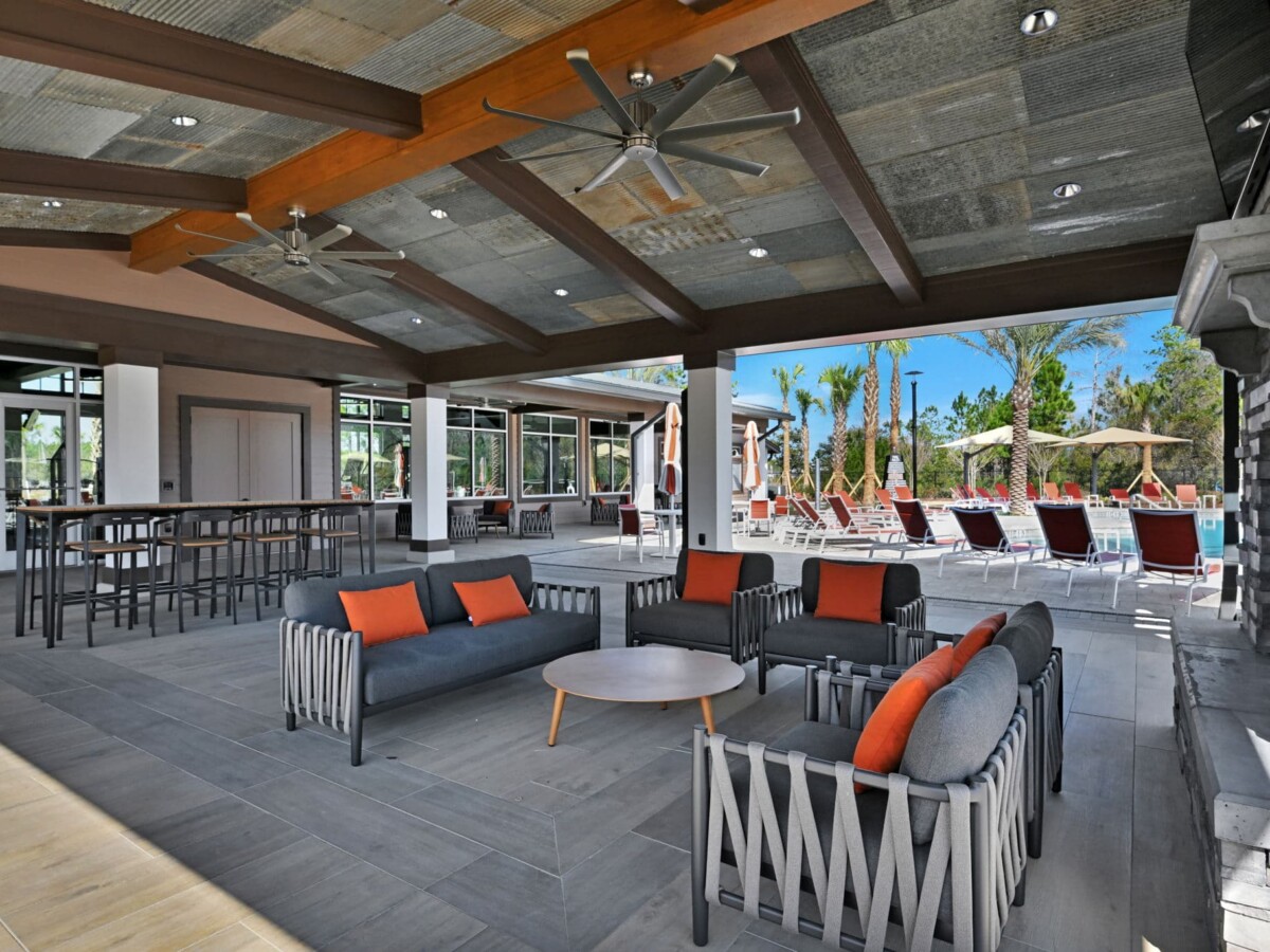Covered outdoor lounge at The Landings at St Johns amenity center